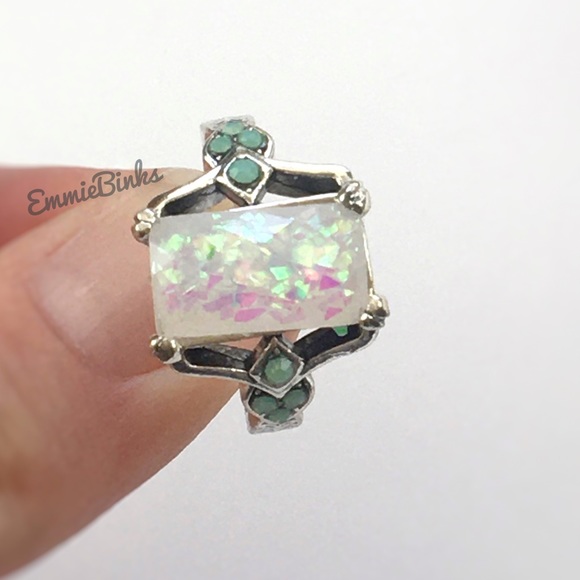 RESTOCK New Vintage Style Fire Opal Rectangular Cocktail Ring -Silver Opal Retro - Picture 2 of 16